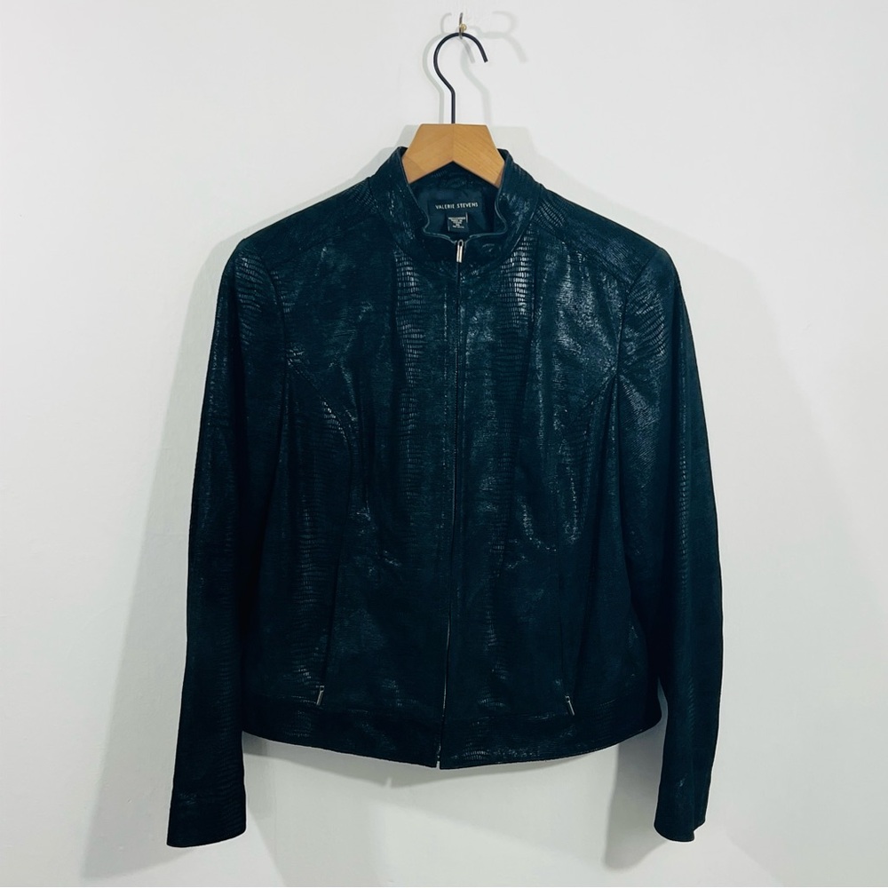 Valerie Stevens Full Zip Mock Neck 100% Leather Snake Print Long Sleeve Jacket M